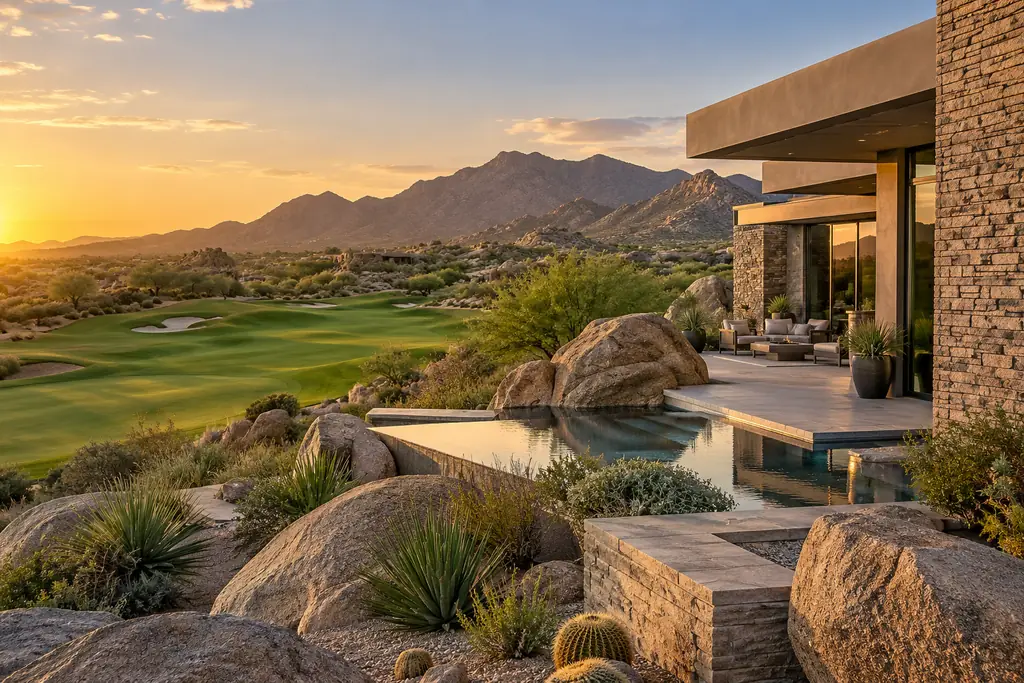Illustrative image: desert-contemporary home beside a golf fairway at golden hour