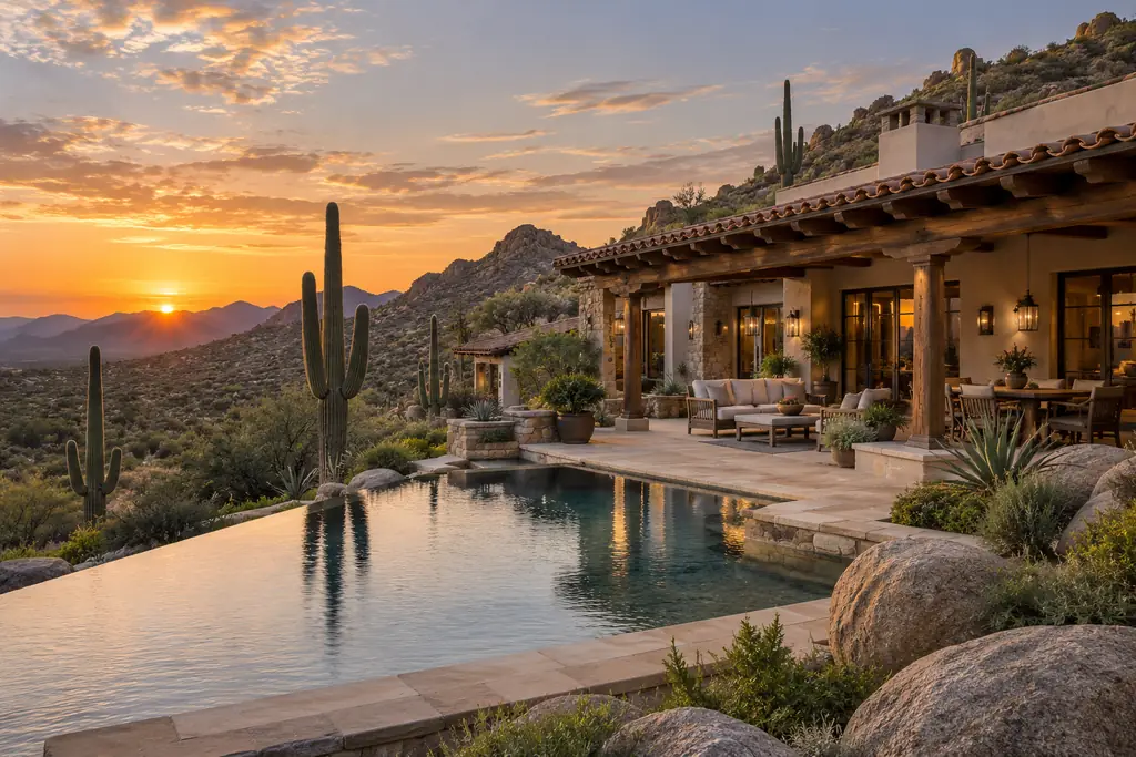 Illustrative image: hillside hacienda-style home with a terracotta roof among saguaros at sunset