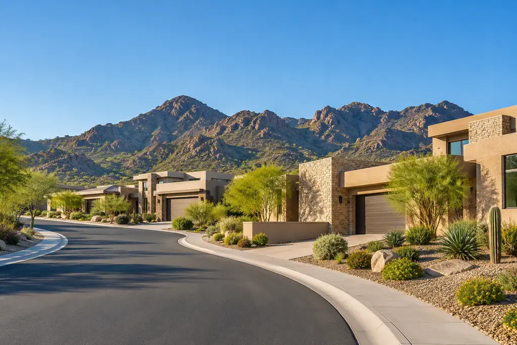 Illustrative image: new single-family homes on a curving street with a mountain range behind