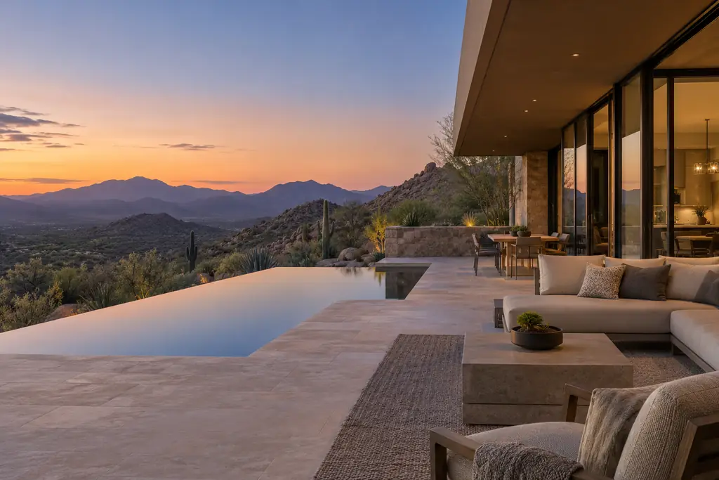 Illustrative image: modern hillside home with a terrace overlooking a desert valley at twilight