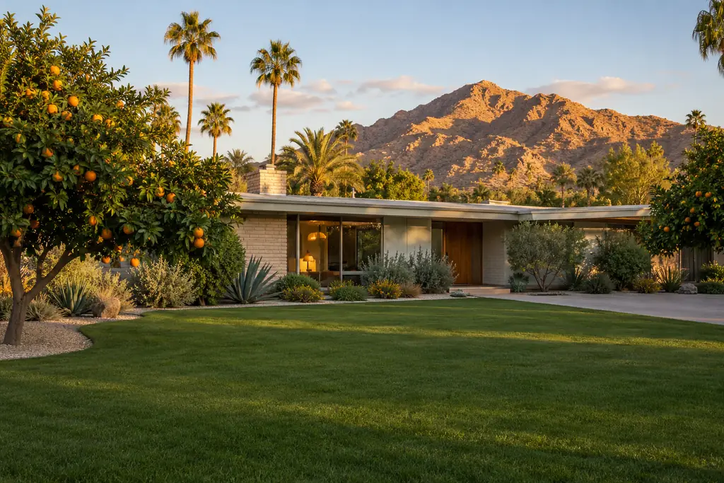 Illustrative image: classic 1950s ranch home with a lawn and orange trees at golden hour